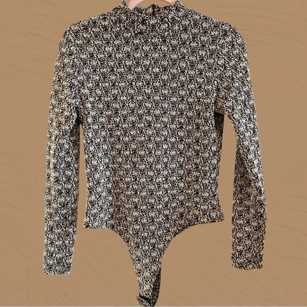 Vintage 90s textured brown and beige high neck bodysuit